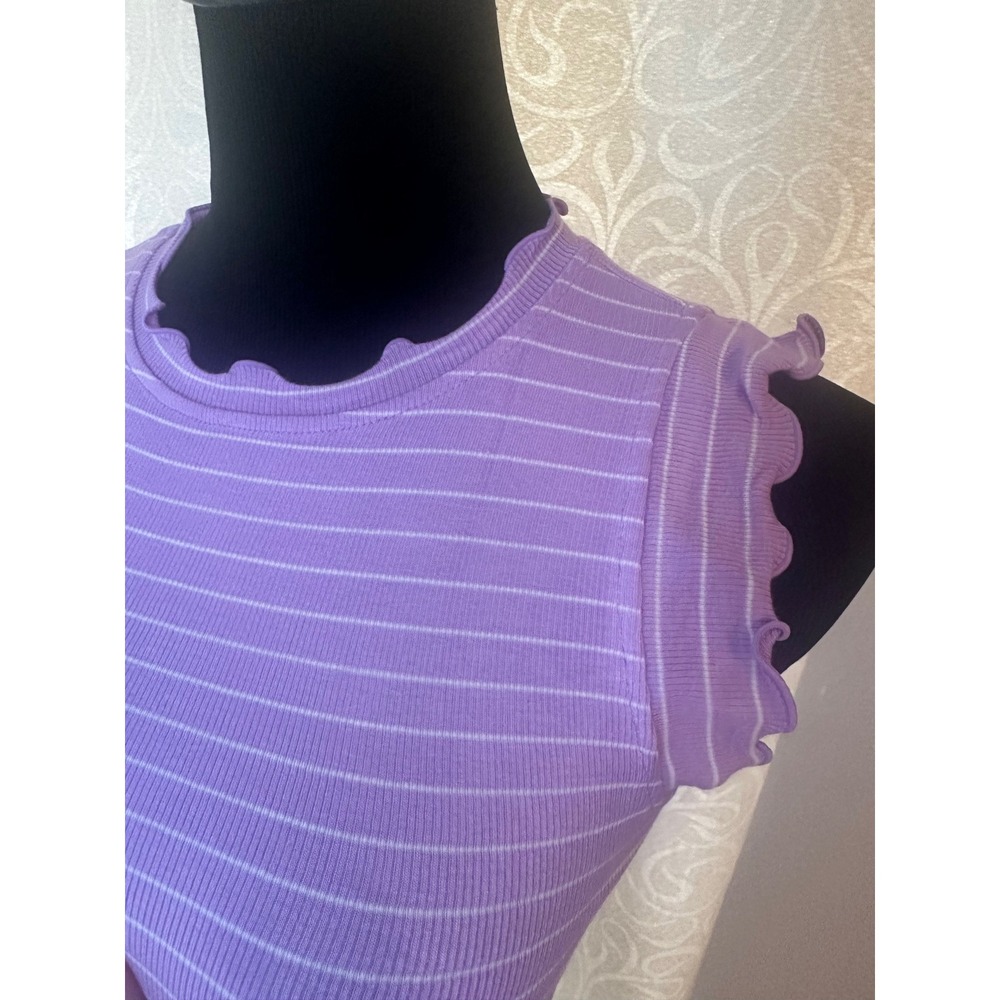 Zenana Lavender Ribbed Striped Top Size Ruffle Trim Stretch Fitted Summer Tee-L - Picture 2 of 5
